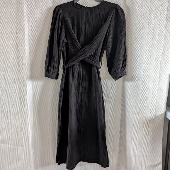 Zara Black Cotton Gauze Midi Dress with Slits and Back Tie Size Small Minimalist - Picture 4 of 12
